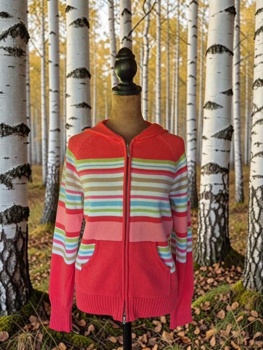 Liz Claiborne Coral Pink With Multi Colored Stripes Zip Up Hooded Sweater